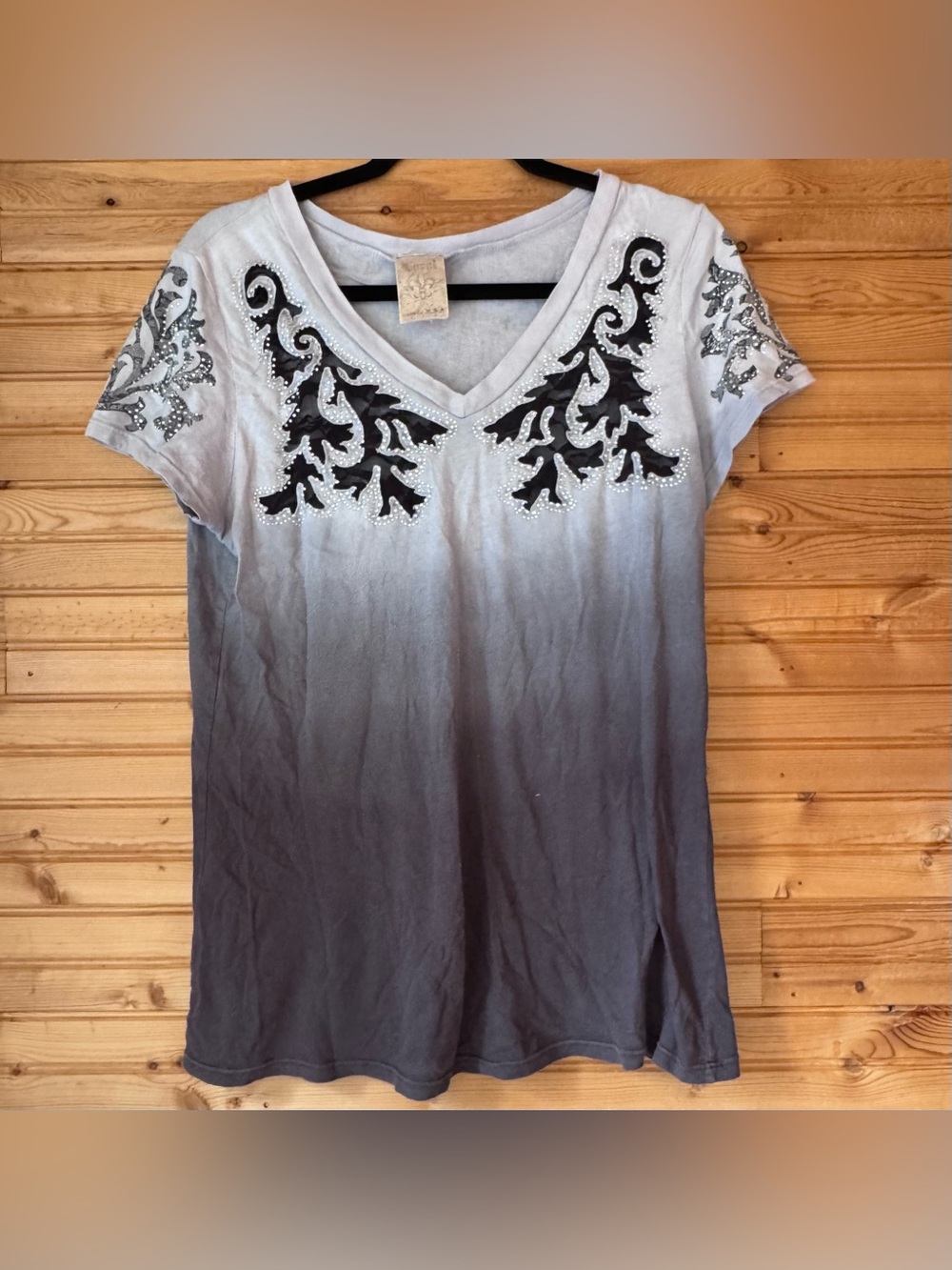 Vocal Y2K Tee Ombre Grey Rhinestones Front Back Grunge XL